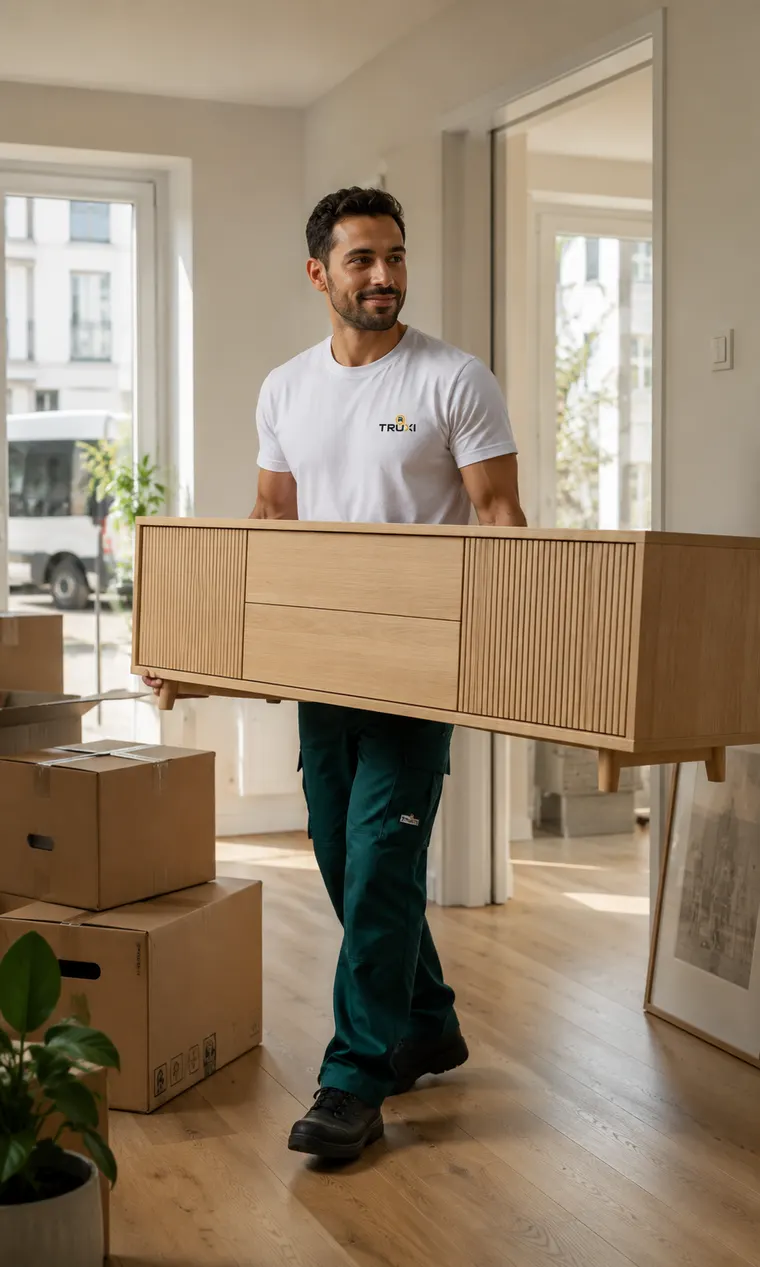 TRUXI Tragehelfer trägt ein Sideboard durch eine Wohnung, daneben gepackte Umzugskartons